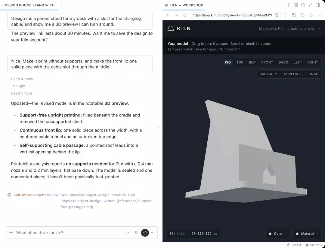 Hermes Desktop with a chat asking for a phone stand with a cable slot, Hermes's answer after the change to a support-free stand, and Kiln's 3D stage in Hermes's preview pane showing the stand at 90 × 110 × 112 mm