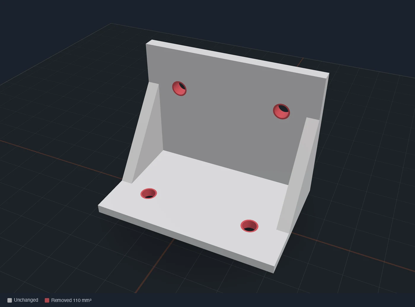 Kiln's overlay of the second and third versions of the same bracket: the material removed to widen four mounting holes in red